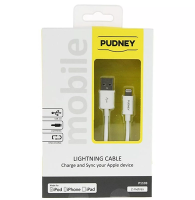 P1101   pudney usb a plug to lightning plug 1 metre white