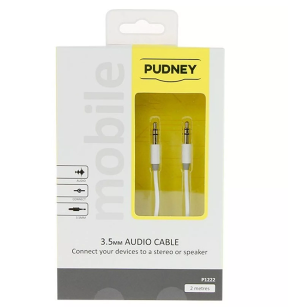 P1222   pudney 3.5mm stereo plug to 3.5mm stereo plug 2 metre white