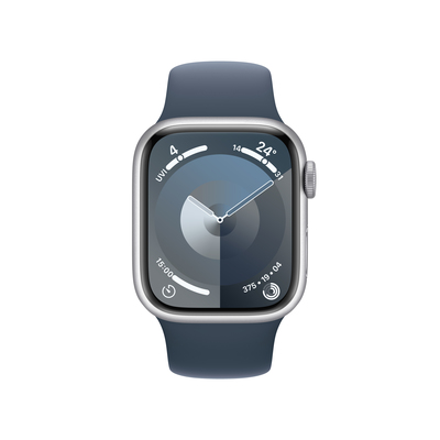 Apple watch series 9 lte 41mm silver aluminium storm blue sport band pdp image position 2  anz